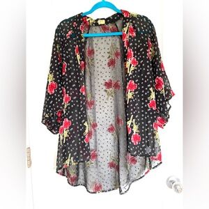 TRUE CRAFT Floral Polka Do Sheer Open Front Kimono Cardigan Black Red Size XS
